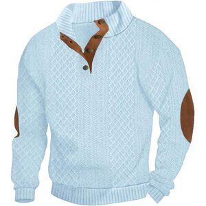 Mens Casual Knitted Pullover Sweater Long Sleeve Stand Collar Sweater Light Blue